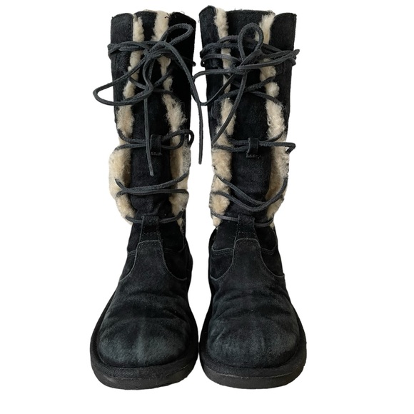 UGG Whitley Black Suede Lace Up Boot Size 5 Style 1522 Fur Winter Leather Cozy - Picture 2 of 9